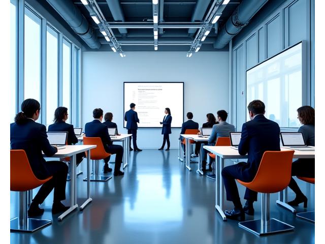 Modernes Klassenzimmer auf dem Wivara Führung Campus in Köln mit digitalen Whiteboards.