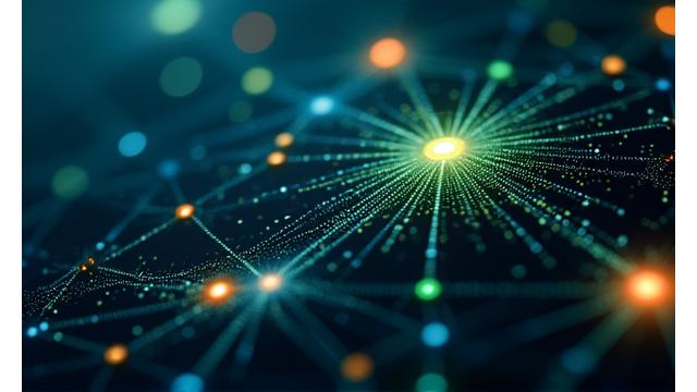 Eine futuristische Darstellung von künstlicher Intelligenz und Machine Learning, mit abstrakten neuronalen Netzen und Datenflüssen.