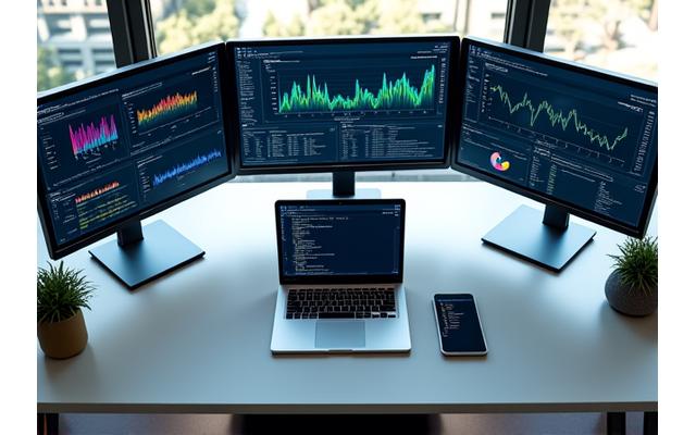 Bildschirme mit verschiedenen Business-Analytics-Software-Tools wie Power BI, Tableau und Python-Code auf einem Schreibtisch.