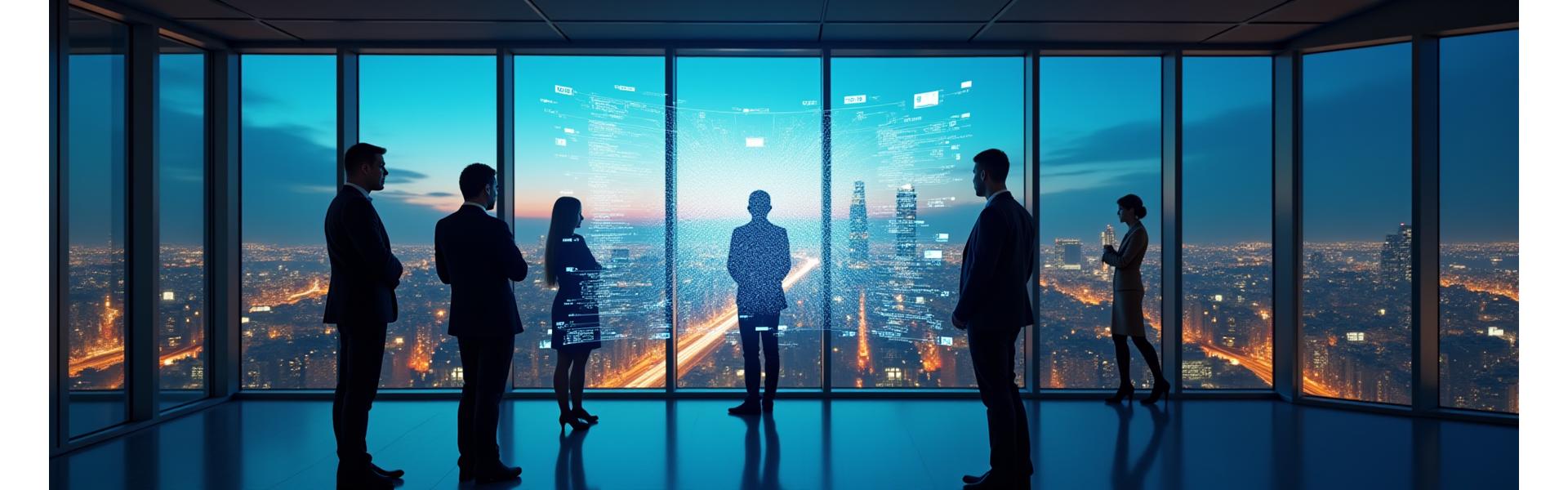 Professionelle Berater diskutieren vor einem modernen Bürogebäude, im Hintergrund eine Skyline von Köln bei Sonnenuntergang