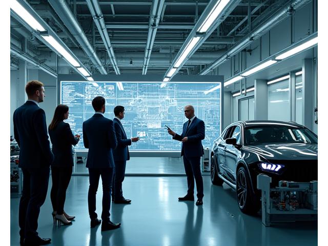 Modernes Automobilproduktionsband mit Robotern, die in einer High-Tech-Umgebung arbeiten.