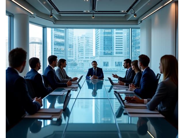 Professionelle Gruppe von Führungskräften in einer Corporate Academy-Umgebung, die kollaborativ an Whiteboards arbeiten.