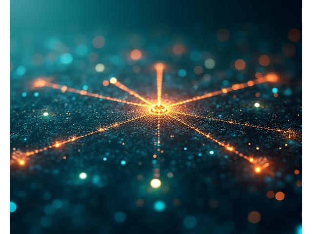 Eine Unternehmenslandschaft, die sich digital transformiert, dargestellt durch fließende Datenströme und vernetzte Symbole.
