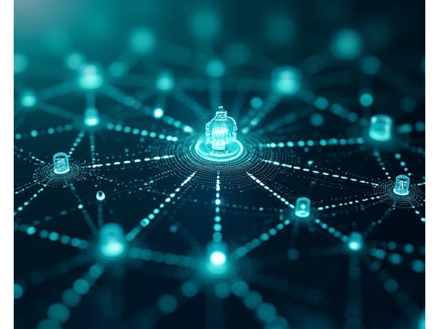 Abstrakte Darstellung von Datenflüssen und Finanztransaktionen in einer sicheren digitalen Umgebung.