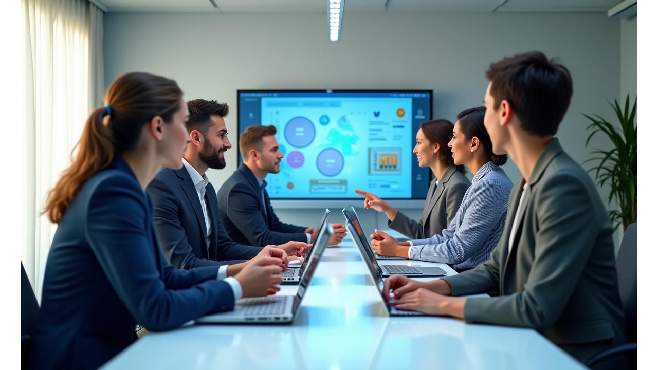 Ein Team von Führungskräften, das aktiv an einer massgeschneiderten Weiterbildung teilnimmt und interaktive Inhalte auf einem großen Bildschirm betrachtet.