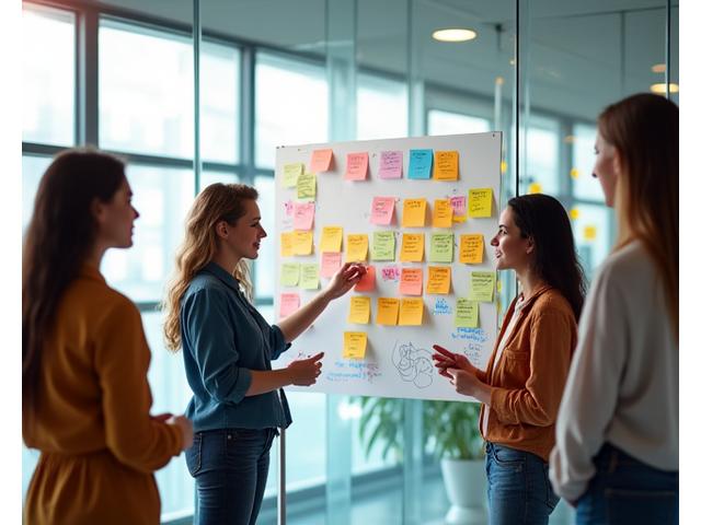 Eine Gruppe, die kreative Ideen an einem Innovations-Workshop mit bunten Post-its und Mindmaps entwickelt.