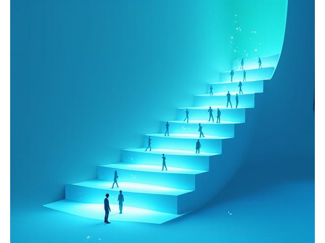 Eine Treppe, die verschiedene Hierarchieebenen darstellt, mit abstrakten menschlichen Silhouetten, die den Aufstieg symbolisieren.