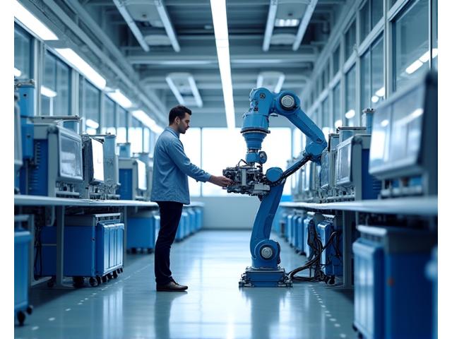 Arbeiter und Roboter kollaborieren in einer modernen Fertigungsanlage, die Industrie 4.0 symbolisiert.