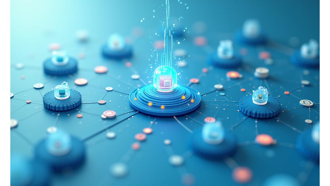 Ein komplexes Netzwerk von verbundenen Technologie-Symbolen und Plattform-Logos, das nahtlose Integration darstellt.