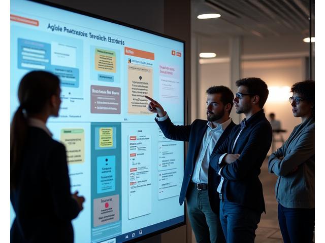 Agiles Team arbeitet kollaborativ vor einem großen digitalen Kanban-Board in einem modernen Büro.