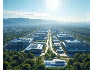 Skyline des Silicon Valley mit schematischen Verbindungen zu Universitäten und Startups.