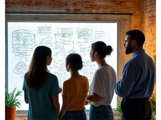 Eine Gruppe von Menschen, die in einem Startup-Büro zusammenarbeiten und Ideen entwickeln.
