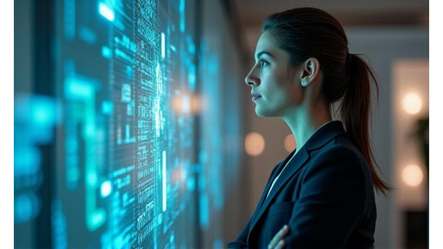Eine professionelle Geschäftsfrau steht vor einem holografischen Display, das Datenvisualisierungen und AI-Konzepte zeigt, mit Fokus auf zukunftsorientierte Führung.