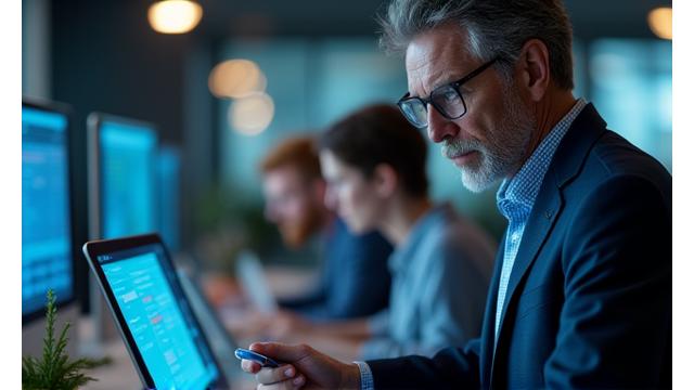Eine Führungskraft blickt konzentriert auf einen Laptop-Bildschirm, während im Hintergrund schemenhaft Teammitglieder in einem modernen Büro arbeiten, symbolisiert die Bewältigung von Herausforderungen.