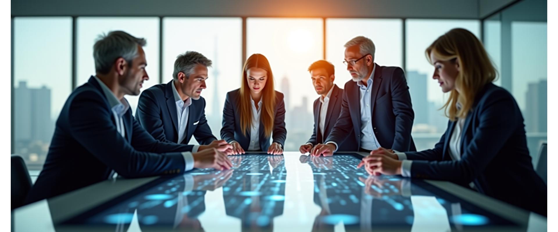 Professionelle Führungskräfte in einem modernen Konferenzraum, diskutieren strategische Konzepte vor einem hellen Hintergrund mit angedeuteten digitalen Overlays.