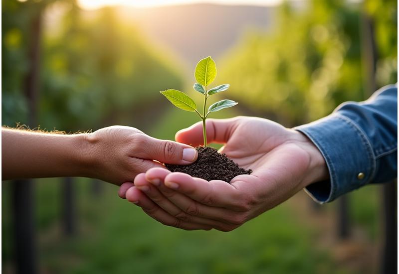 Generationsübergabe in einem deutschen Familienunternehmen, symbolisiert durch Hände, die einen wachsenden Baum von einer älteren zur jüngeren Generation reichen.