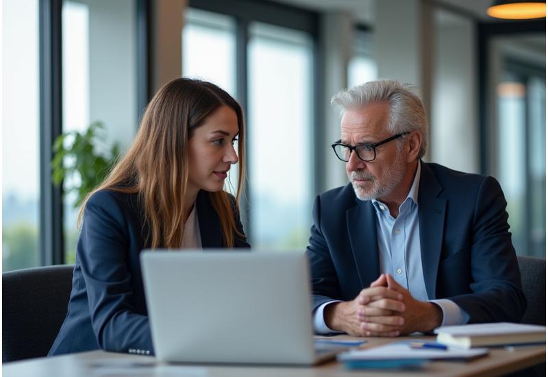 Eine junge Führungspersönlichkeit, die mit einem Mentor spricht, in einem modernen Büro, das Wachstum und Entwicklung symbolisiert.