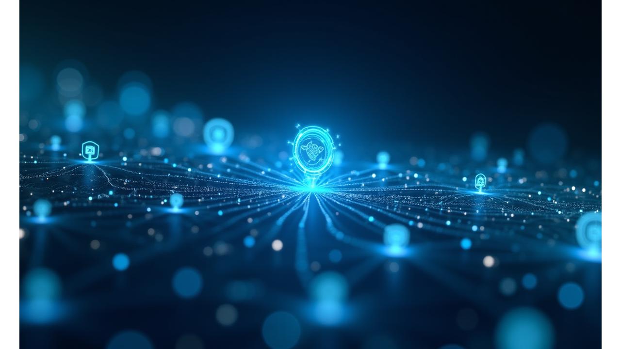 Eine moderne, digitale Gesundheitsumgebung, die Interkonnektivität und Datenfluss symbolisiert. Bild zeigt vernetzte Geräte, Bildschirme mit Datenvisualisierungen und eine nahtlose Interaktion zwischen Patient und Technologie.