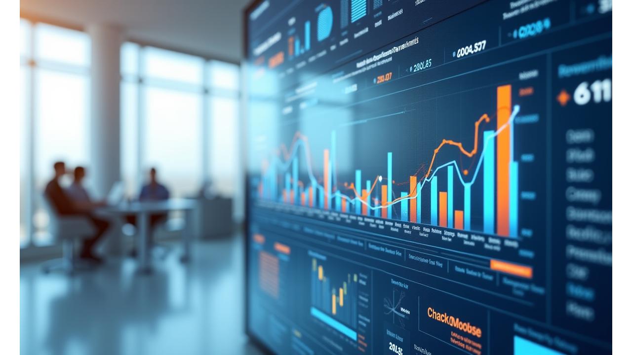Abstraktes Finanzdashboard mit interaktiven Grafiken, die Healthcare-Kosten, -Erträge und Marktentwicklungen darstellen. Zeigt Data-Driven-Decision-Making und finanzielle Transparenz im Gesundheitswesen.