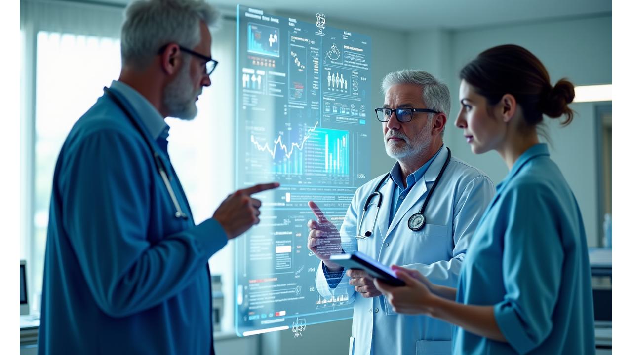 Professionelles Team von Gesundheitsexperten in einer modernen Klinik, die gemeinsam an einem Tablet arbeiten und zukünftige Herausforderungen im Gesundheitswesen besprechen. Fokus auf Digitalisierung, Personalengpässe und Kosteneffizienz.