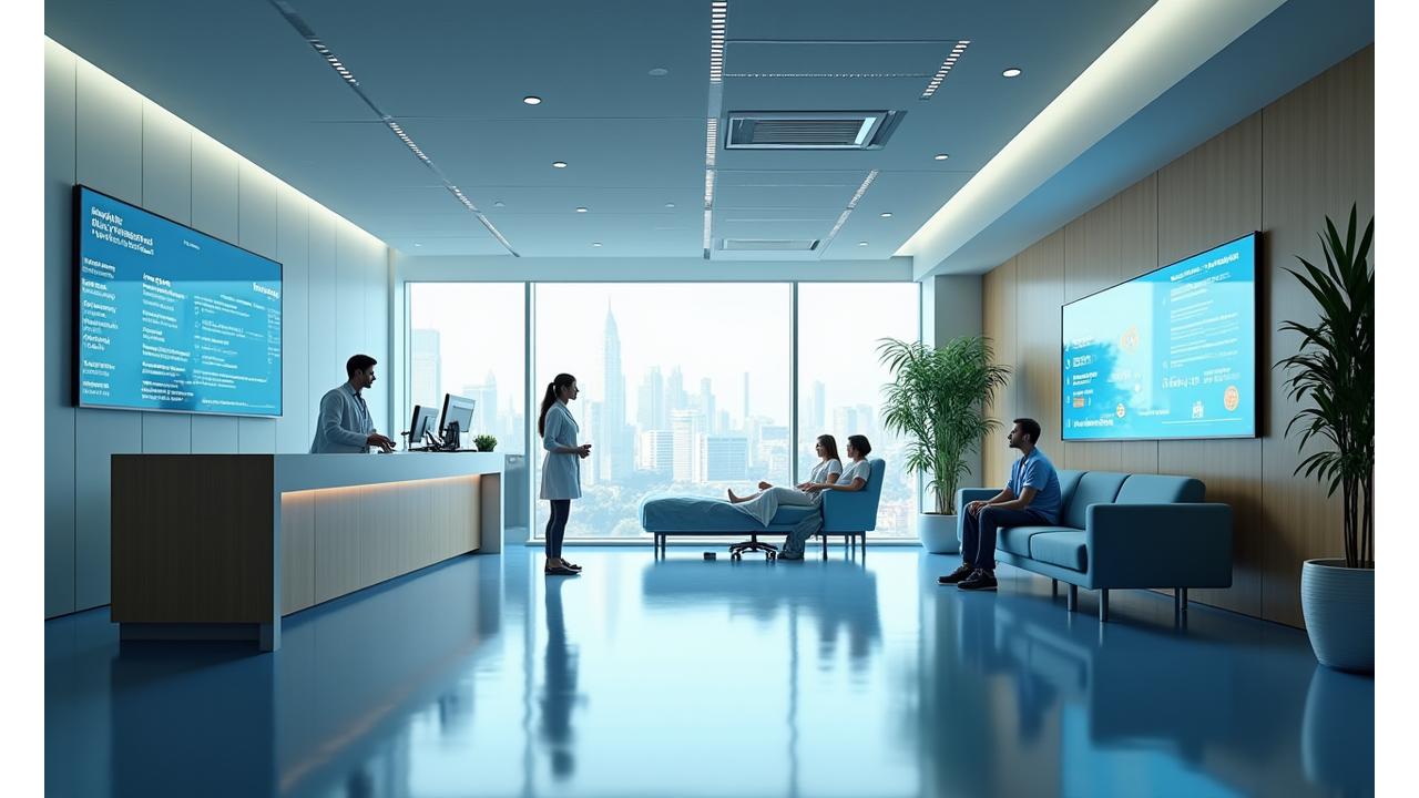Moderne Krankenhauslobby mit Fokus auf Innovation und Patientenfreundlichkeit, deutliche Linienführung und beruhigende Farben. Zeigt den Raum als Ort der Effizienz und des Wohlbefindens.