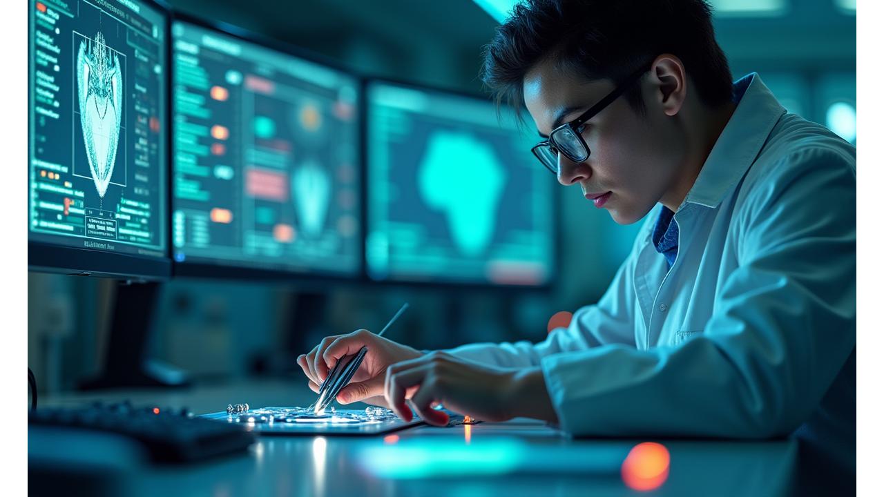 Forschung und Entwicklung im Bereich Medizintechnik, ein Wissenschaftler arbeitet an einem hochmodernen Gerät, umgeben von Sensoren und Bildschirmen. Fokus auf Innovation, Präzision und technologischen Fortschritt.