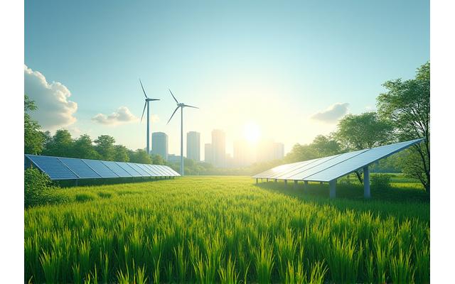 Grüne Landschaft mit Windrädern, repräsentiert Sustainable Leadership