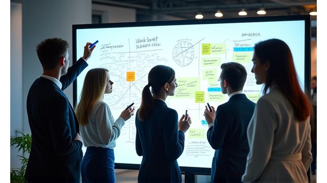 Eine dynamische Gruppe von Fachleuten, die an einer Whiteboard-Sitzung teilnehmen und gemeinsam an der Lösung eines realen Problems arbeiten, was Action Learning darstellt.