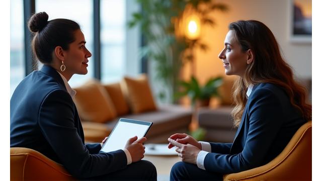 Zwei Personen in einer Büroumgebung, die sich in einem vertraulichen und unterstützenden Gespräch befinden und Peer Coaching symbolisieren.