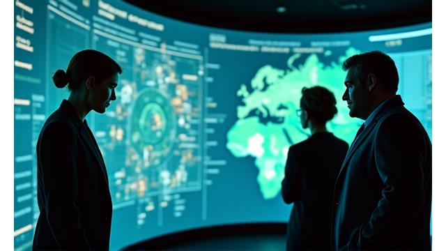 Drei Business-Professionals interagieren ernsthaft mit einer digitalen Schnittstelle auf einem großen Bildschirm, was Simulation Gaming repräsentiert.