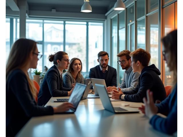 Professionelle Gruppe von MBA-Studenten, die gemeinsam an einem Projekt arbeiten, einige am Laptop, andere in Diskussion. Repräsentiert hybrides Lernen und Zusammenarbeit.