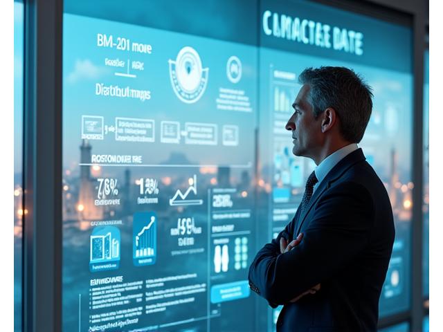 Illustration: A business leader overseeing a complex, interconnected digital dashboard showing climate data, carbon footprint reduction, and renewable energy investments, with a backdrop of a healthy, green planet and industrial facilities transforming into eco-friendly ones.