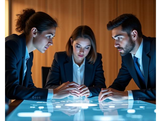 Illustration: A diverse group of business professionals in a modern, collaborative office setting, engaged in a discussion, with subtle graphical overlays representing ethical dilemmas, decision trees, and a balance scale, emphasizing integrity and shared values.