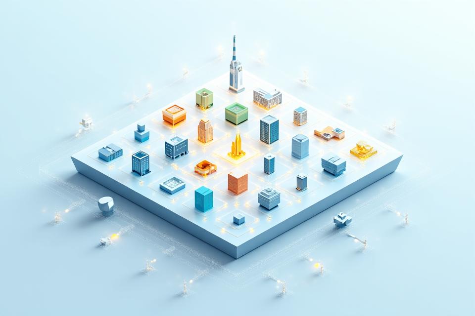 Visuelle Darstellung aller 17 UN Sustainable Development Goals Icons in einem sauberen Raster, mit hervorgehobenen Pfaden, die zeigen, wie geschäftliche Aktivitäten zu spezifischen Zielen beitragen, umgeben von Pfeilen, die Synergien und Impact zeigen.
