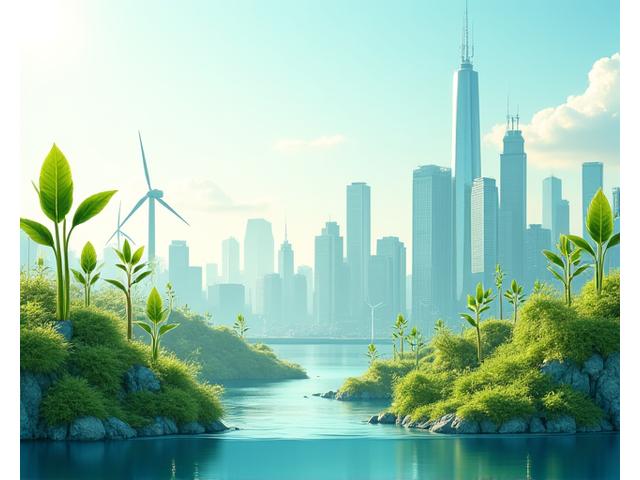 Illustration: Stacks of coins and financial graphs intertwined with growing plants and renewable energy symbols, set against a backdrop of a modern, green city skyline, representing sustainable investments and green finance.